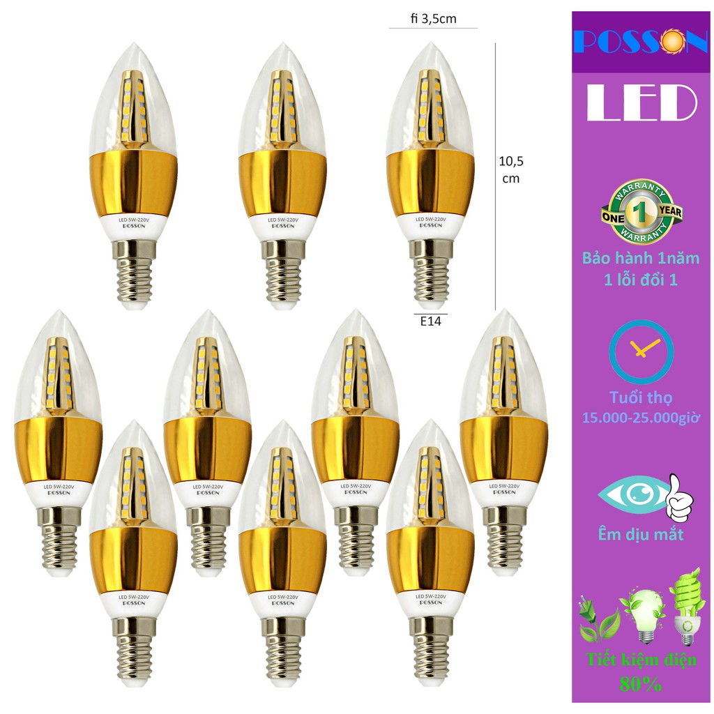 10 Bóng đèn Led 5w quả nhót nến đuôi E14 E27 lựa chọn đui Posson LCP-5Ex