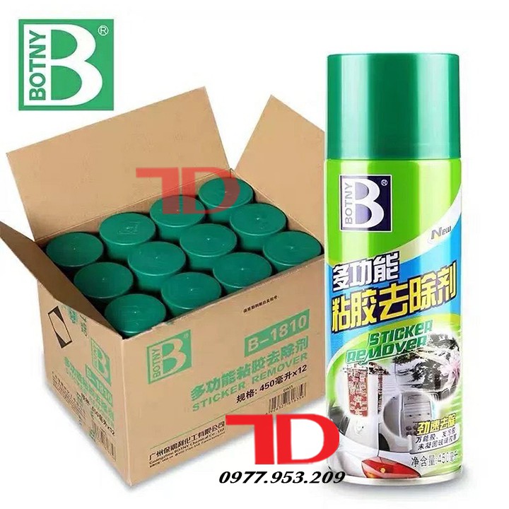 Dung dịch tẩy vết keo dán BOTNY Sticker Remover 450ml, bình xịt loại bỏ decal, vết keo dính lâu ngày kính xe hơi, ô tô