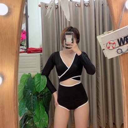 Bikini Đồ bơi tay dài đi biển màu đen viền trắng cột dây ngực | BigBuy360 - bigbuy360.vn