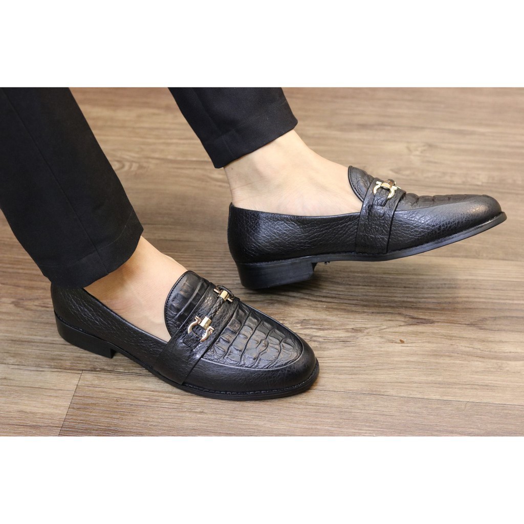 GIÀY LƯỜI IN CÁ SẤU BĂNG XÍCH CỰC CHẤT - GIẦY LƯỜI NAM DA BÒ 100% DẬP VÂN CÁ SẤU, ĐẾ CAO SU- MÃ K15 ĐEN