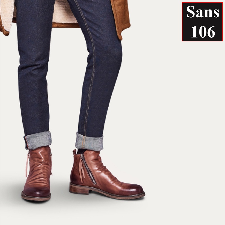 Giày nam cao cổ nhăn khóa kéo Sans106 da bò thật bigsize lớn 48 47 46 45 44 43 giầy boot tăng chiều cao bốt độn đế 6cm