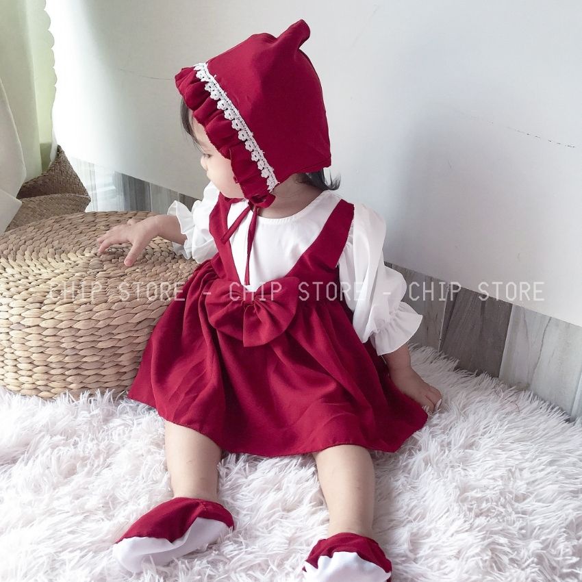 Váy bé gái sơ sinh CHIP STORE Body yếm đỏ mận cho bé mặc đầy tháng thôi nôi xinh xắn - Ảnh thật tự chụp