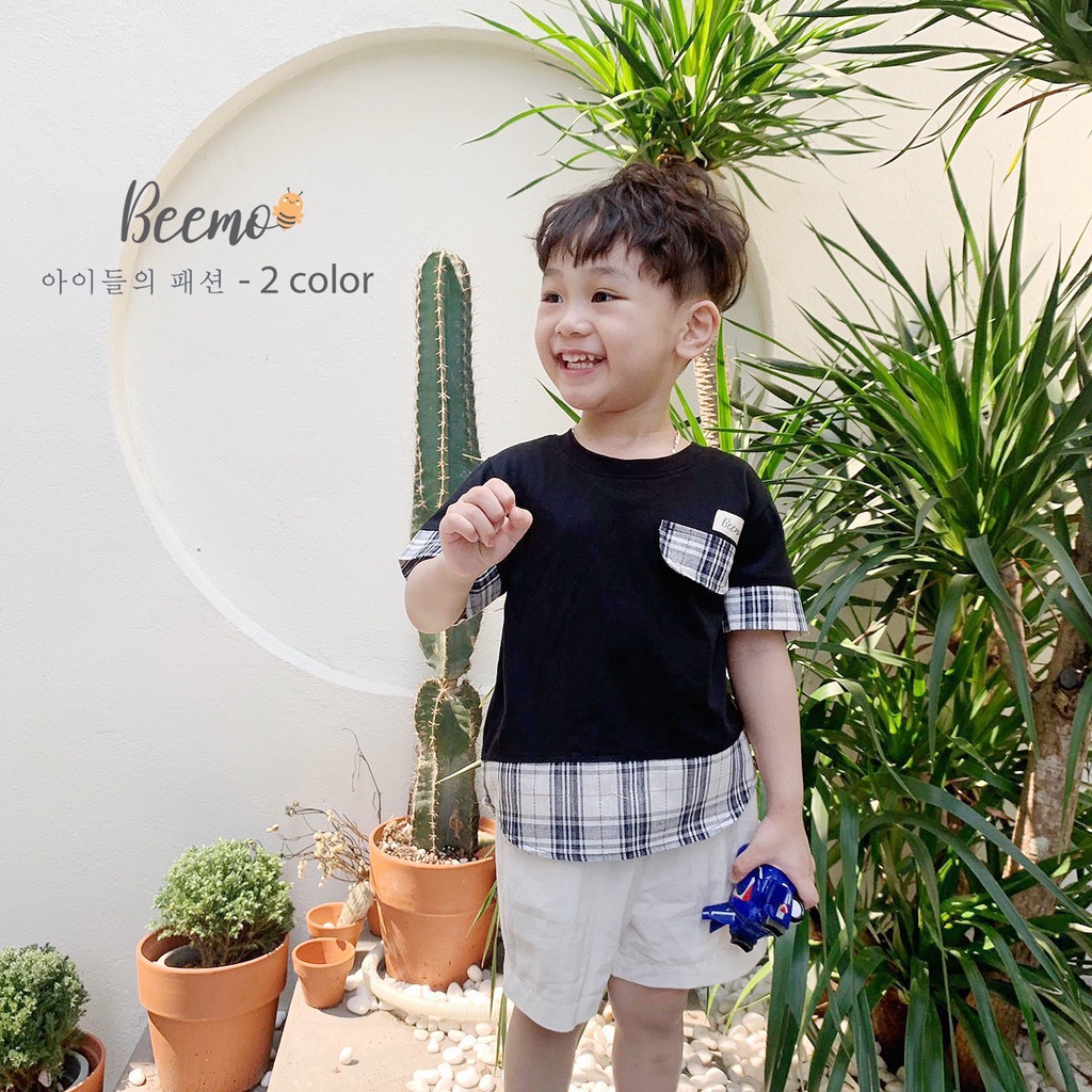Set bộ trang phục Beemo cho bé trai phông phối kẻ phong cách Hàn từ 1 đến 6 tuổi 21B028