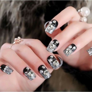 Bộ 24 móng tay giả đen đính đá kèm keo + Tặng kèm miếng dán/dũa móng