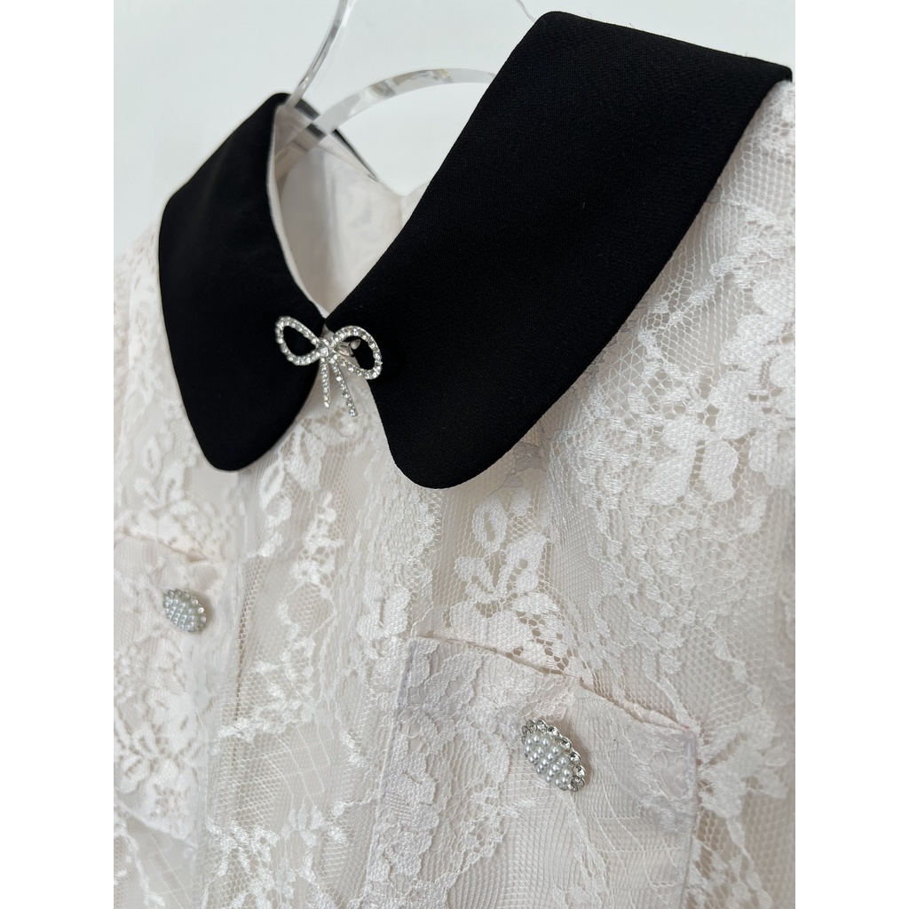 Áo tiểu thư, cổ đen nơ đá và khuy đá túi, MOO Design- ARMD8