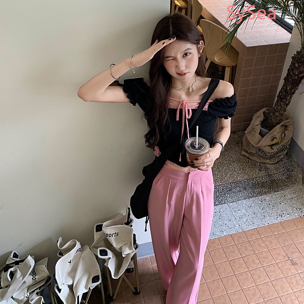 Áo croptop tay phồng ngắn phối ren quyến rũ thời trang mùa hè cho nữ