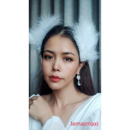 Kẹp tóc thời trang đính lông vũ trắng cài bờm đầu