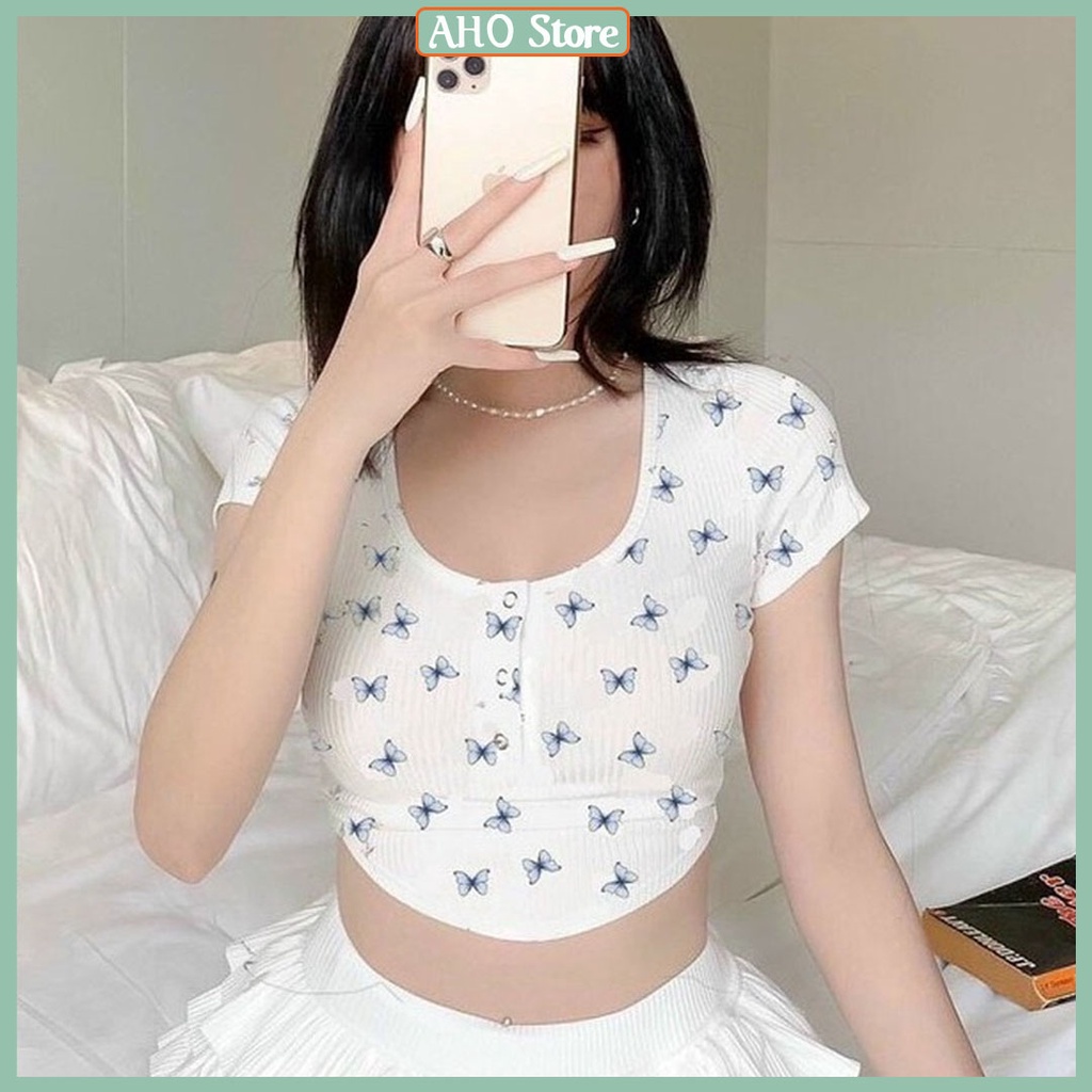 Áo Croptop nữ - Áo Croptop Sexy kiểu hình bướm đuôi tôm, nút bấm với màu trắng tinh khôi