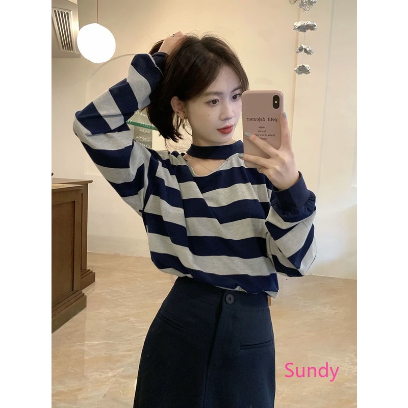 Áo Thun Tay Dài Cổ Yếm Họa Tiết Kẻ Sọc Thời Trang Mùa Thu Quyến Rũ Cho Nữ