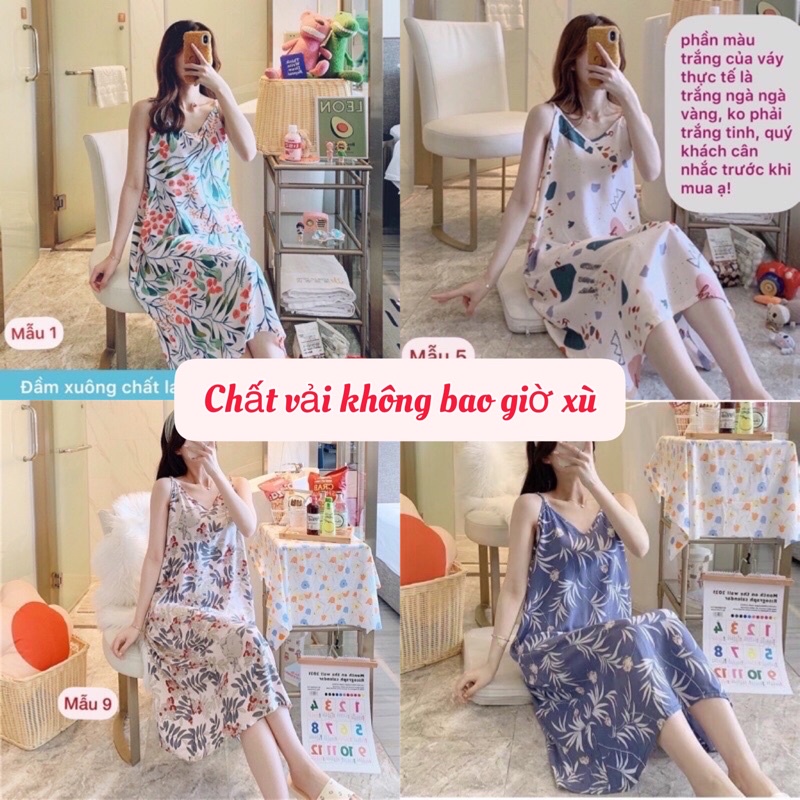 Váy lanh, váy ngủ Quảng Châu 2 dây mềm mát, hoạ tiết trẻ trung, thời trang