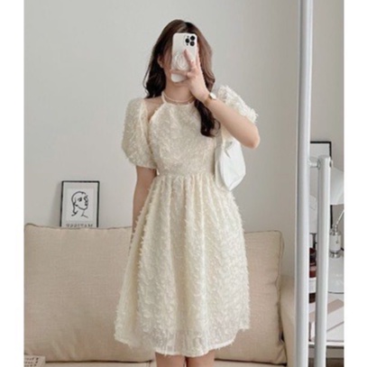 Váy cổ yếm trễ vai lông vũ cao cấp cực xinh - Đầm yếm tay bồng lông vũ hai màu kiều nữ 2 lớp babydoll