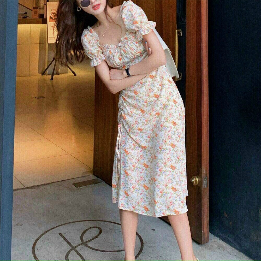 ( MIỄN PHÍ SHIP 2022) Đầm hoa nhí cổ vuông, đầm midi Hàn Quốc xẻ tà