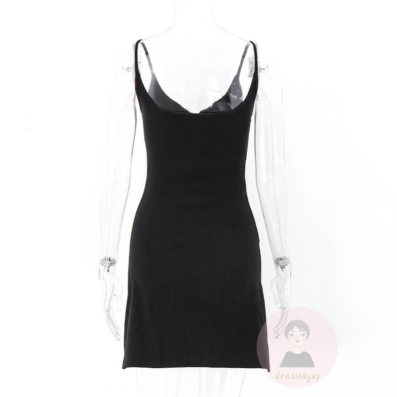 Đầm Ngắn Hai Dây Màu Đen Cổ Chữ V Khoét Sâu Đính Nơ Thời Trang Mùa Hè Cho Nữ