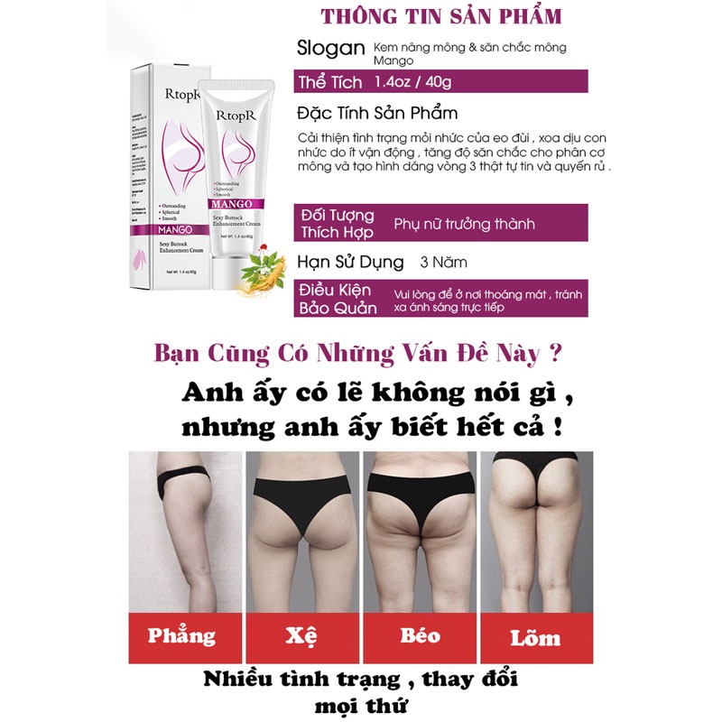 Kem nở mông nâng vòng 3 an toàn và hiệu quả, Kem nâng mông chính hãng RtopR 40g