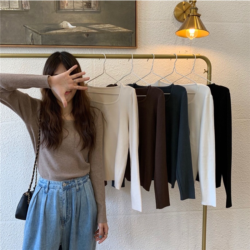 NZN Áo thun dệt kim cổ vuông màu trơn thời trang cho nữ