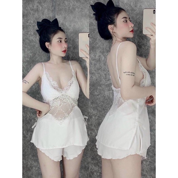 Set bộ ngủ sexy hai dây lụa satin phối ren có mút cao cấp | BigBuy360 - bigbuy360.vn