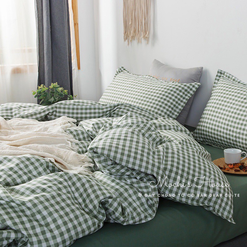 BỘ CHĂN GA GỐI COTON POLY MẪU CARO XANH LÁ SIÊU XINH, GA GIƯỜNG ĐẸP
