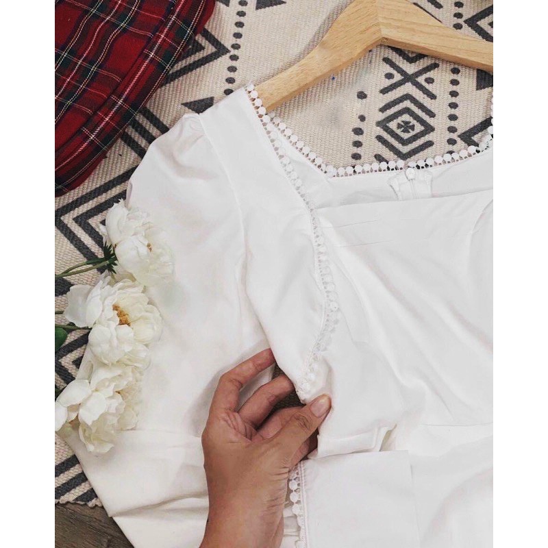 Váy trắng dự tiệc body cổ vuông tay dài phối ren hạt sống chất , Đầm dáng xòe ulzzang (hình thật/ sẵn) | BigBuy360 - bigbuy360.vn