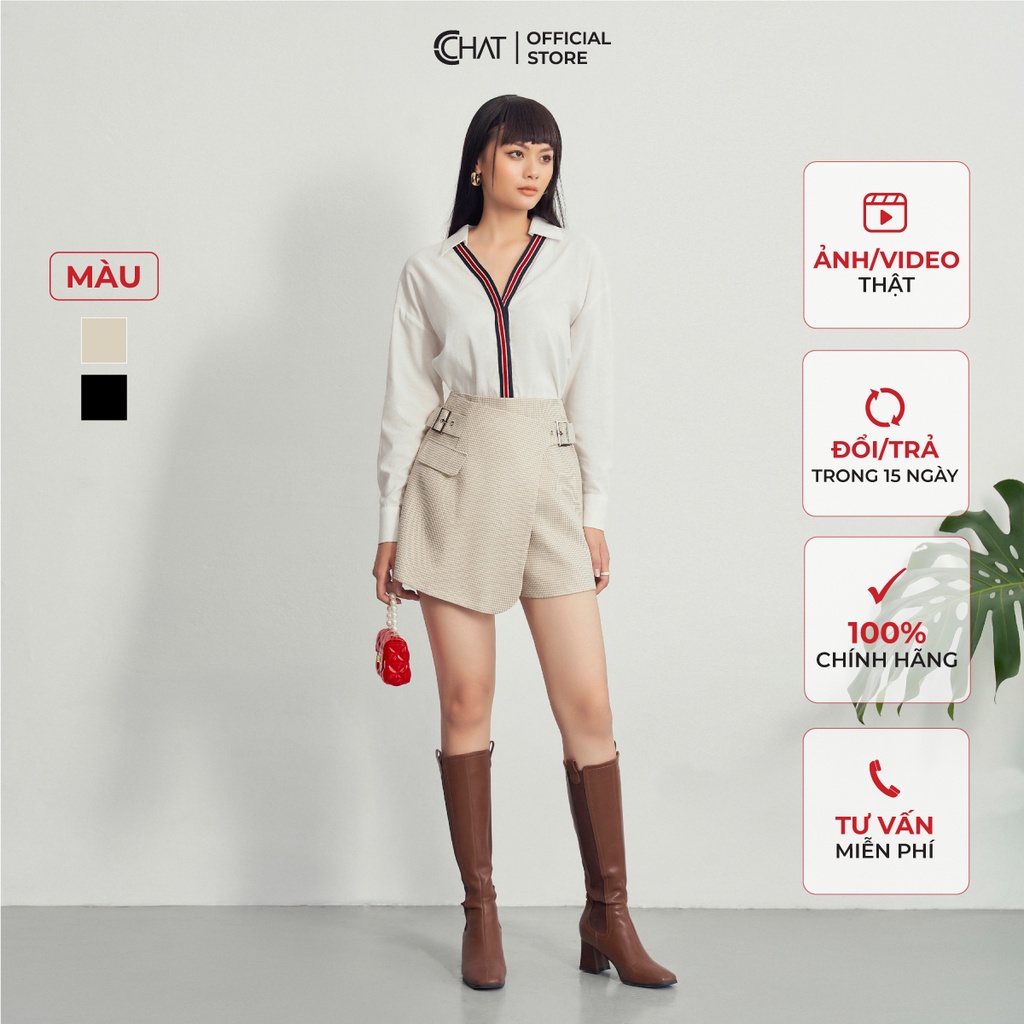 Quần Đùi Nữ 𝐂𝐂𝐇𝐀𝐓 Giả Váy Hai Tà Vắt Chéo Chất Tuytsi Cao Cấp Phong Cách Trẻ Trung 22ONS5002AT