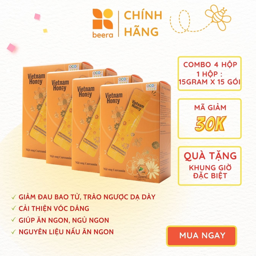 Combo 4 hộp dạng gói mật ong nghệ Curcumin (15g x12 gói / Hộp) - Vietnam Honey