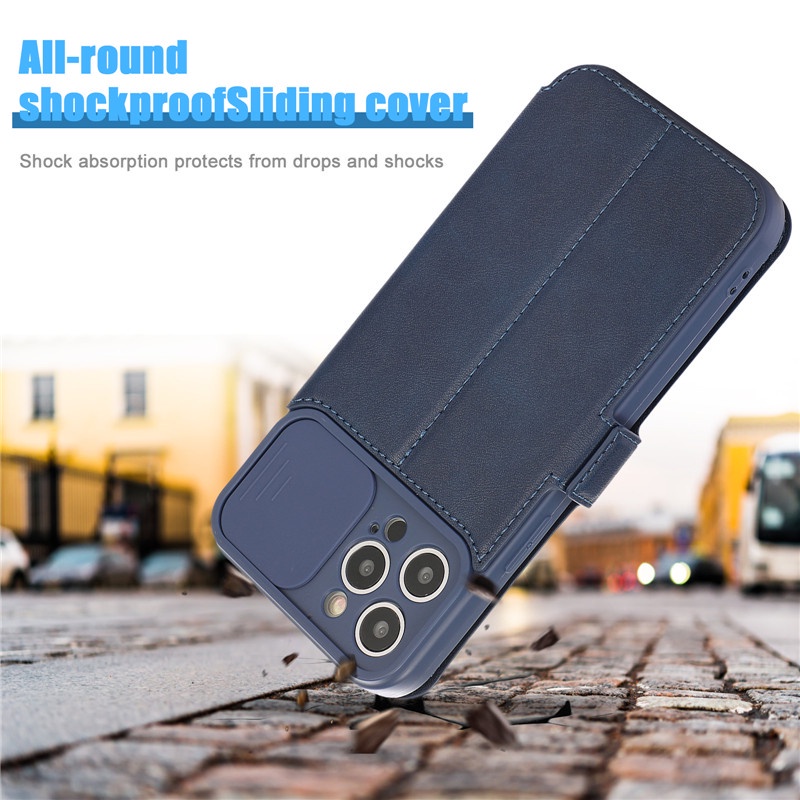 Bao Da Điện Thoại Nắp Lật Khóa Từ Tính Có Ngăn Đựng Thẻ Bảo Vệ Camera Cho IPhone 13 14Pro Max