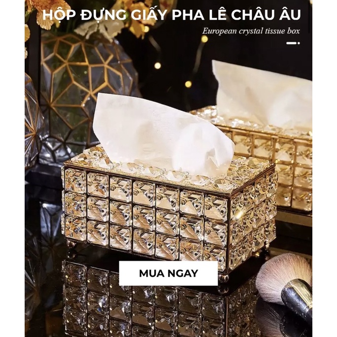 Hộp Đựng Khăn Giấy Pha Lê Khung Kim Loại Sang Trọng Đính Đá Cao Cấp - Phong cách Châu Âu, sang chảnh