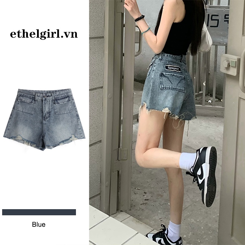 Quần Short denim Lưng Cao Ống Rộng Phong Cách retro Cho Nữ