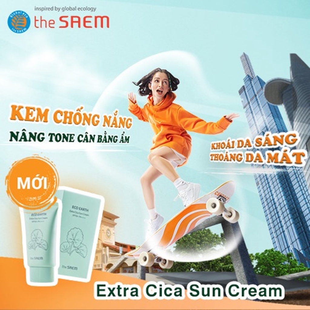 Kem chống nắng giảm dầu, ngừa tia UV, giúp da sáng hồng tự nhiên The Saem Eco Earth Sun Cream SPF50+ PA++++ (50g/1ml)