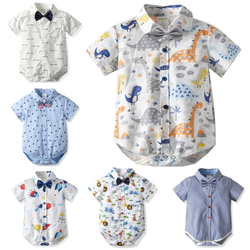 Bộ Áo Liền Quần Có Cổ Gắn Nơ Toàn Bộ Bằng Vải Cotton Thời Trang Cho Bé Trai 0-24 Tháng Tuổi