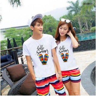 ÁO THUN ĐI BIỂN IN CHỮ HELLO SUMMER VÀ ĐÔI ĐÉP ĐỦ MÀU ĐỦ SIZE - ATDB59