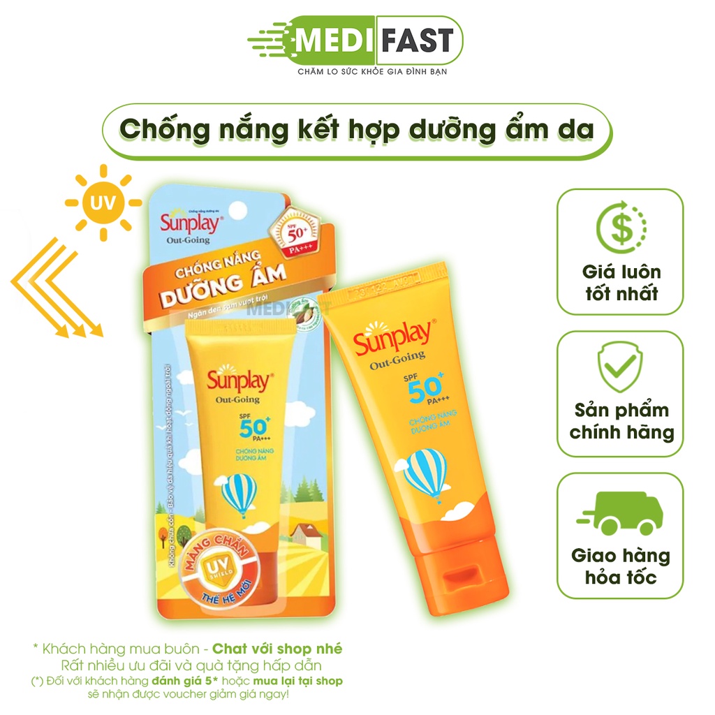 Kem chống nắng dưỡng da Sunplay Out Going SPF 50+ Tuýp 30g chống nắng khi vận động ngoài nắng, chắn tia uva chống đen da
