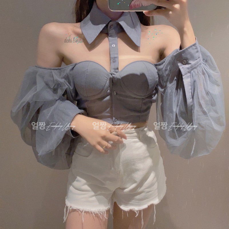 ÁO SƠ MI NỮ TAY DÀI PHỐI LƯỚI QUẢNG CHÂU