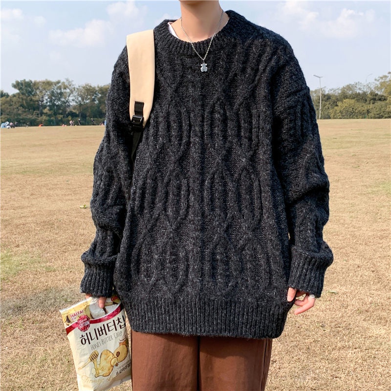 Áo sweater dệt kim xoắn dáng rộng phong cách Hàn Quốc thời trang thu đông cho nam