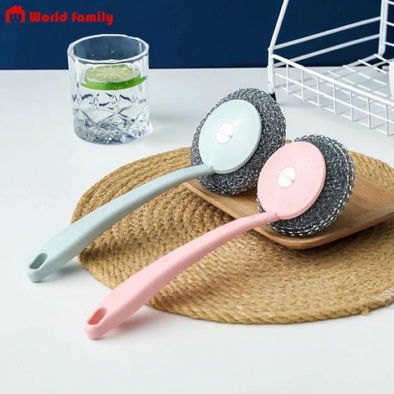Cọ xoong nồi, bát đĩa búi sắt có tay cầm dài, cọ nhà bếp búi sắt có tay cầm