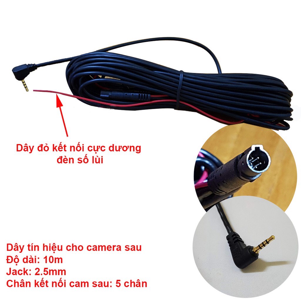 Dây tín hiệu cho camera lùi kết nối camera hành trình, dài 10m, 5,5m, jack 2.5mm, 5 chấu