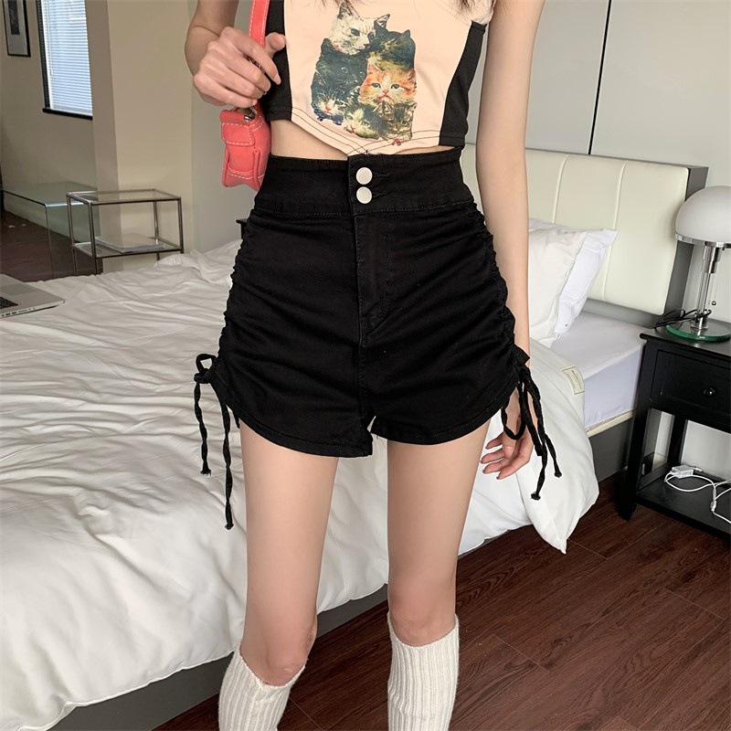 Quần jean IELGY màu đen mỏng phối dây rút phong cách mùa hè cho nữ