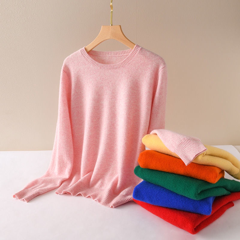 Áo Len Cashmere Thu Đông Mẫu Dày Dặn Thuần Túy Áo Mặc Trong Dệt Kim Đơn Giản Cổ Tròn Cho Nữ