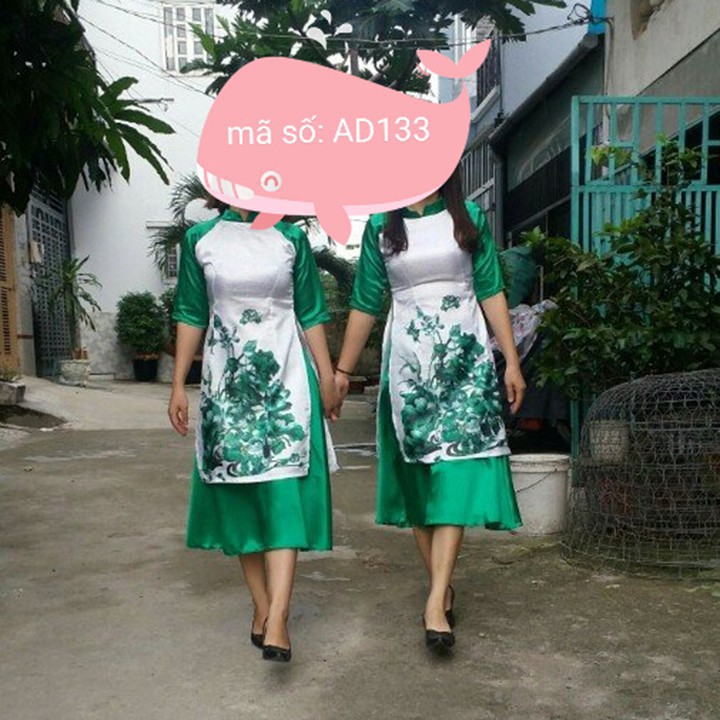 Áo Dài Cách TÂN GẤM CỔ TRỤ HỌA TIẾT HOA SEN XANH