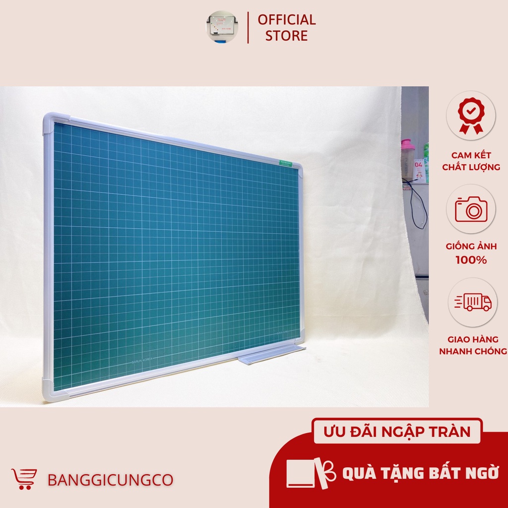 Bảng 2 mặt, một mặt xanh kẻ ô ly, 1 mặt trắng, KT:80*120cm - tặng kèm phấn, bông lau, nam châm