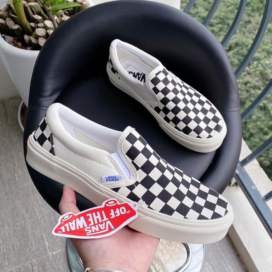 Giày Vans caro🏆FREESHIP🏆 Giày thể thao lười slipon viền trắng nam nữ full box