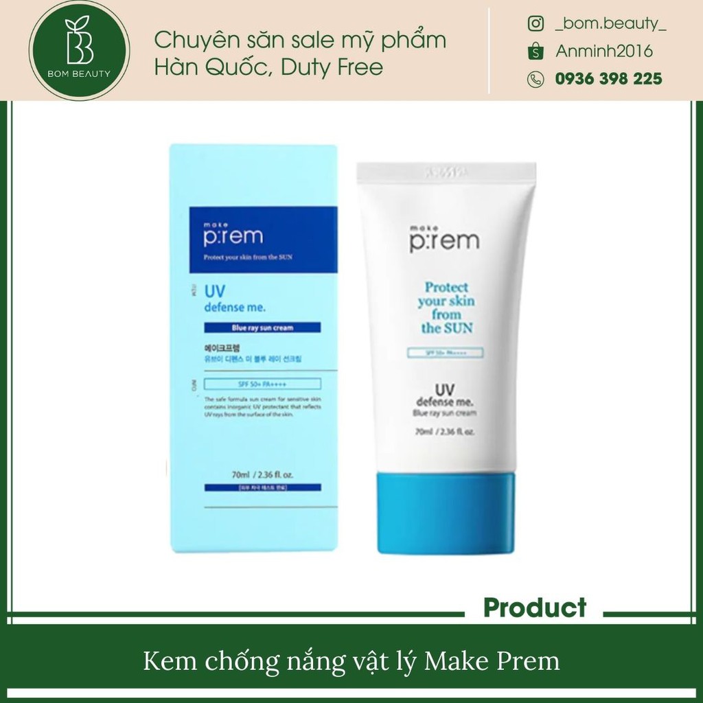[Mã COS1904 giảm 8% đơn 300K] Kem Chống Nắng Vật Lý Make Prem UV Defense Me. Blue Ray Sun Cream SPF 50+ PA++++ Dạng Kem | BigBuy360 - bigbuy360.vn