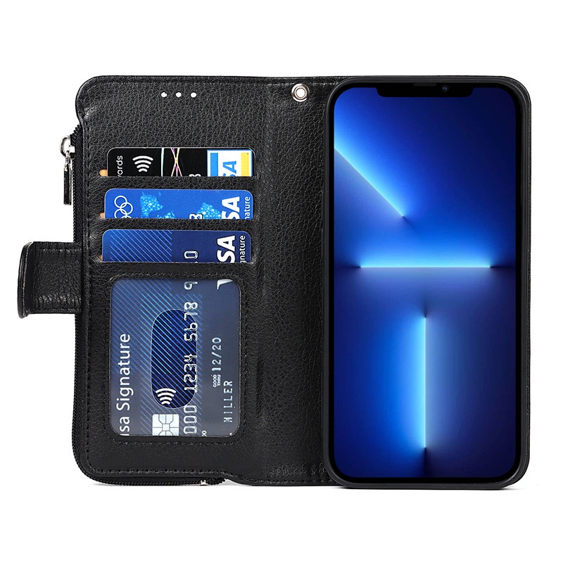 Ốp Điện Thoại Da Pu Màu Trơn Kèm Ngăn Đựng Thẻ Có Khóa Kéo Cho Iphone 13 Mini 12 11 Pro Max