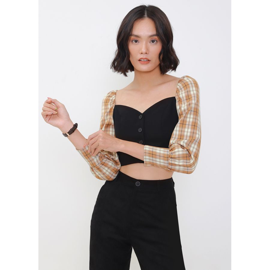 Áo croptop phối tay caro cài nút - MARC FASHION