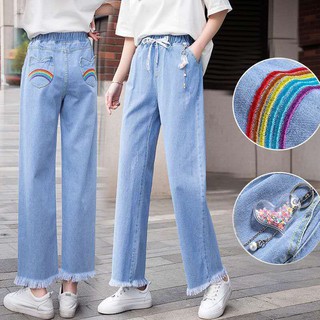 Quần Jeans Ống Rộng Lưng Thun Thời Trang Mùa Hè Hàn Quốc Dành Cho Bé Gái 12-15 - 14 Tuổi