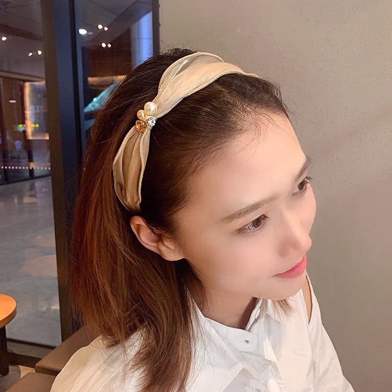 Băng đô ngọc trai nhân tạo phối vải voan bờm tóc nơ phong cách Hàn Quốc tiểu thư sang chảnh xinh xắn cho nữ Miituu BT15