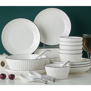 Mới - Set 18sp bát đĩa sứ cao cấp màu trắng viền đen đơn giản tinh tế và sang trọng