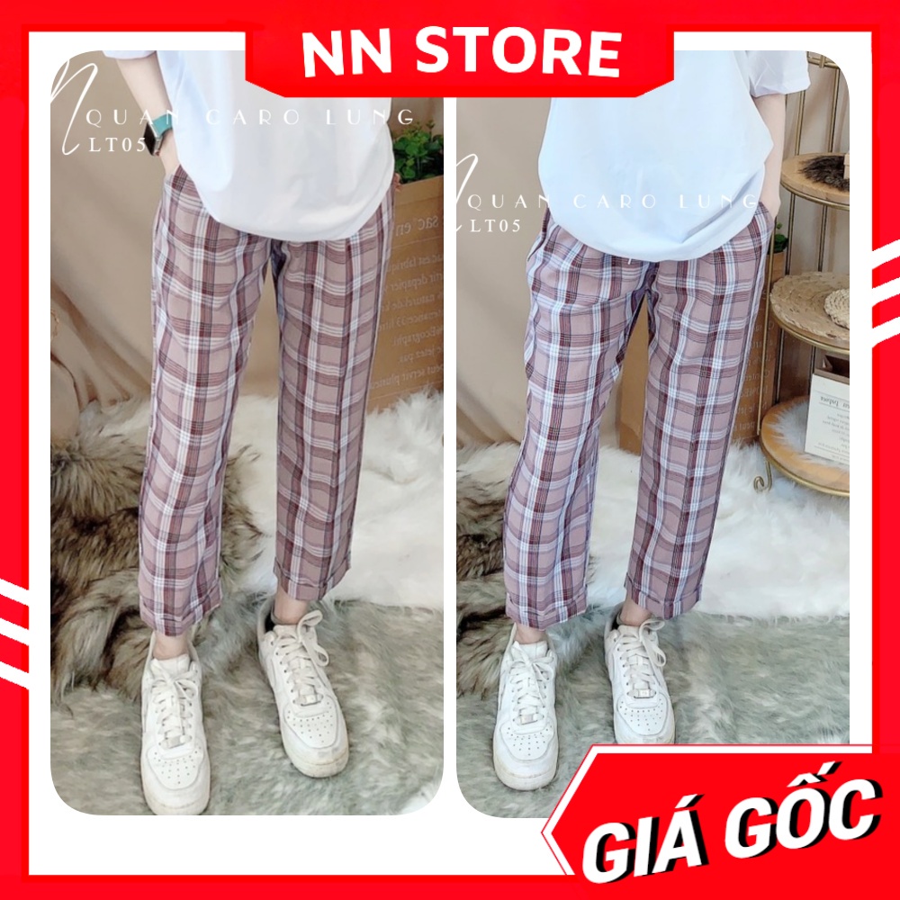 Quần tây nữ 9 tấc ống đứng lưng thun vải mềm phối sọc kẻ caro dễ thương LT05