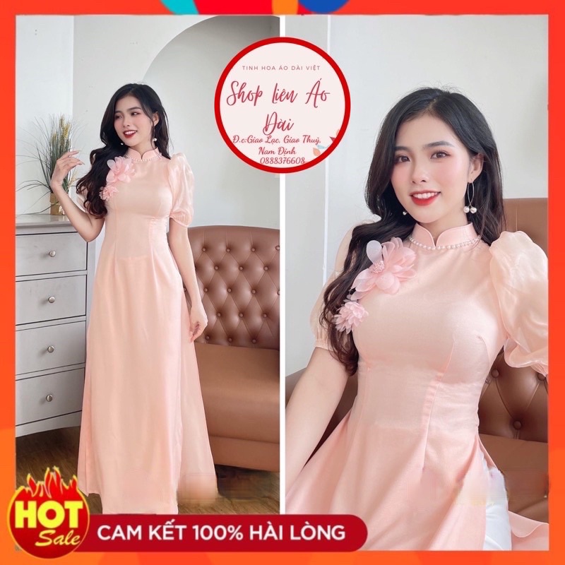 Áo dài hồng đính hoa cùng tông, áo dài hồng cổ đính ngọc tay phối tơ