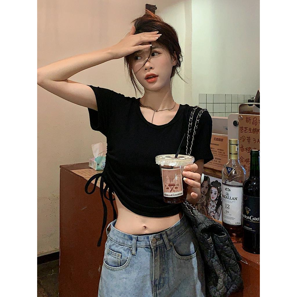 Áo Thun Nữ Ngắn Tay Cổ Tròn Ôm Dáng Phối Dây Rút Thời Trang Mùa Hè