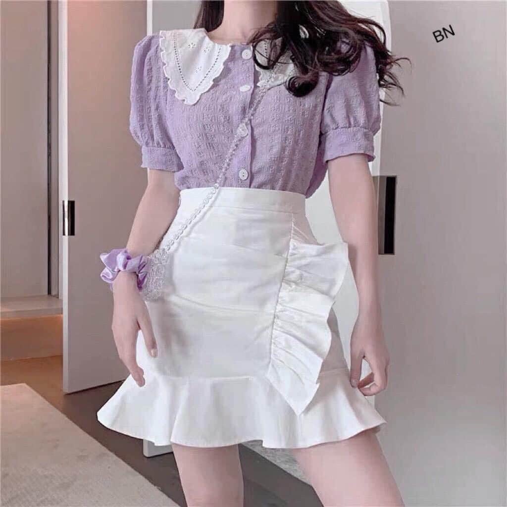 Set 3 món áo tím cổ ren + chân váy + buộc tóc bao hot